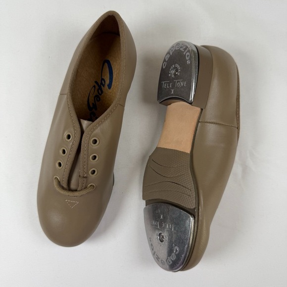 Capezio Carmel Tan Leather Tele Tone Tap Shoes Gold Series CG09 Size 4 M NEW - Picture 1 of 11